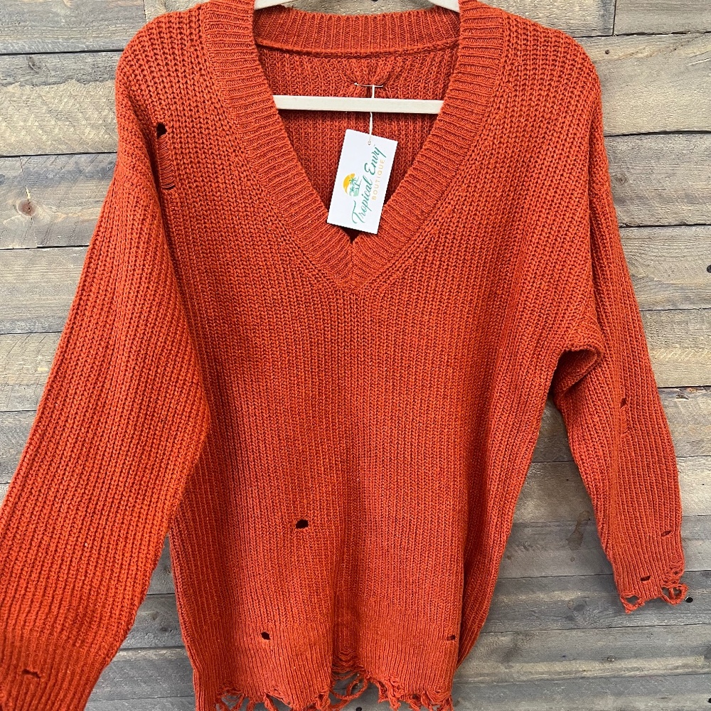 Distressed V-Neck Rib-Knit Sweater
